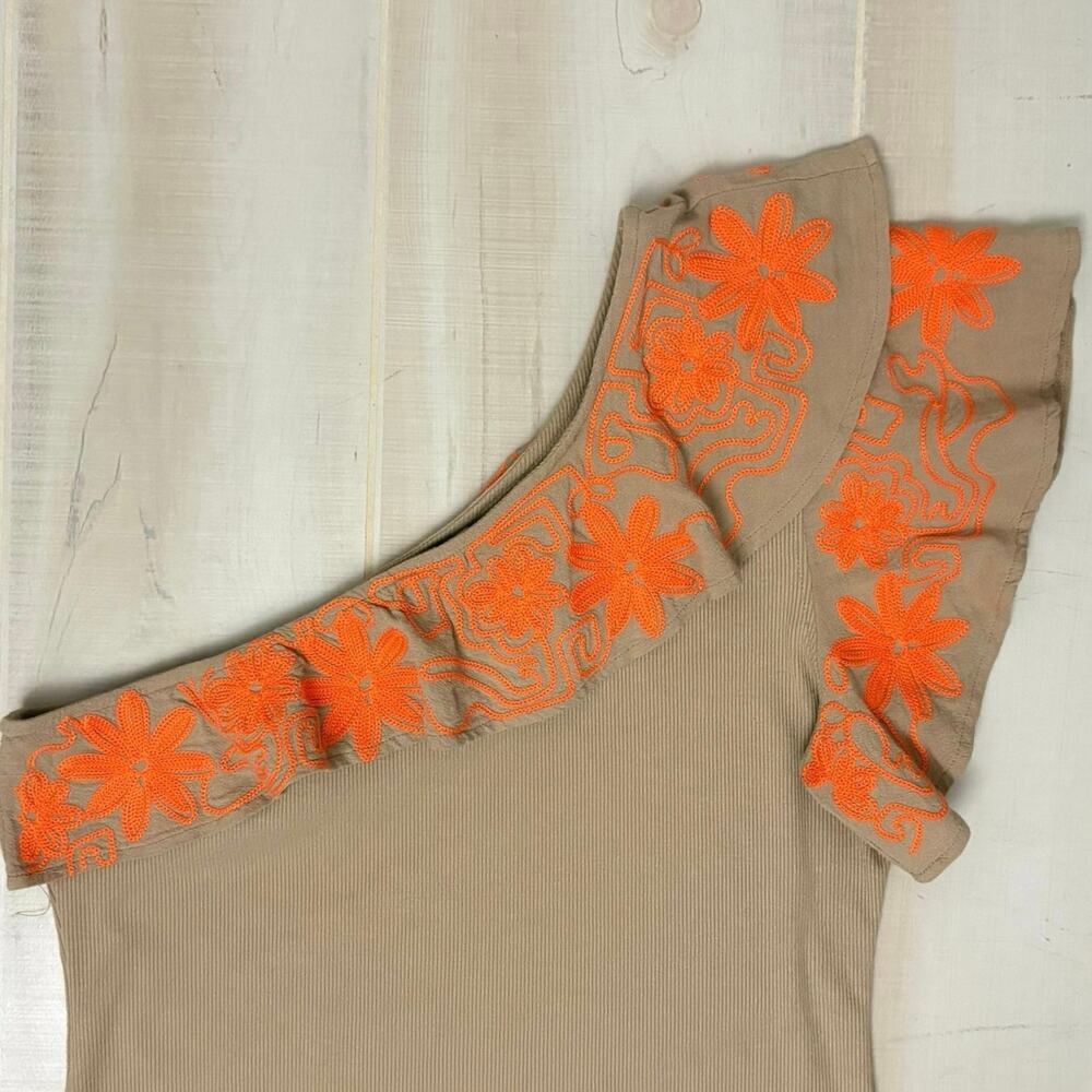 Dolan One Shoulder Tan Ribbed Knit Top Women’s L Orange Embroidered Floral Trim - Picture 5 of 10